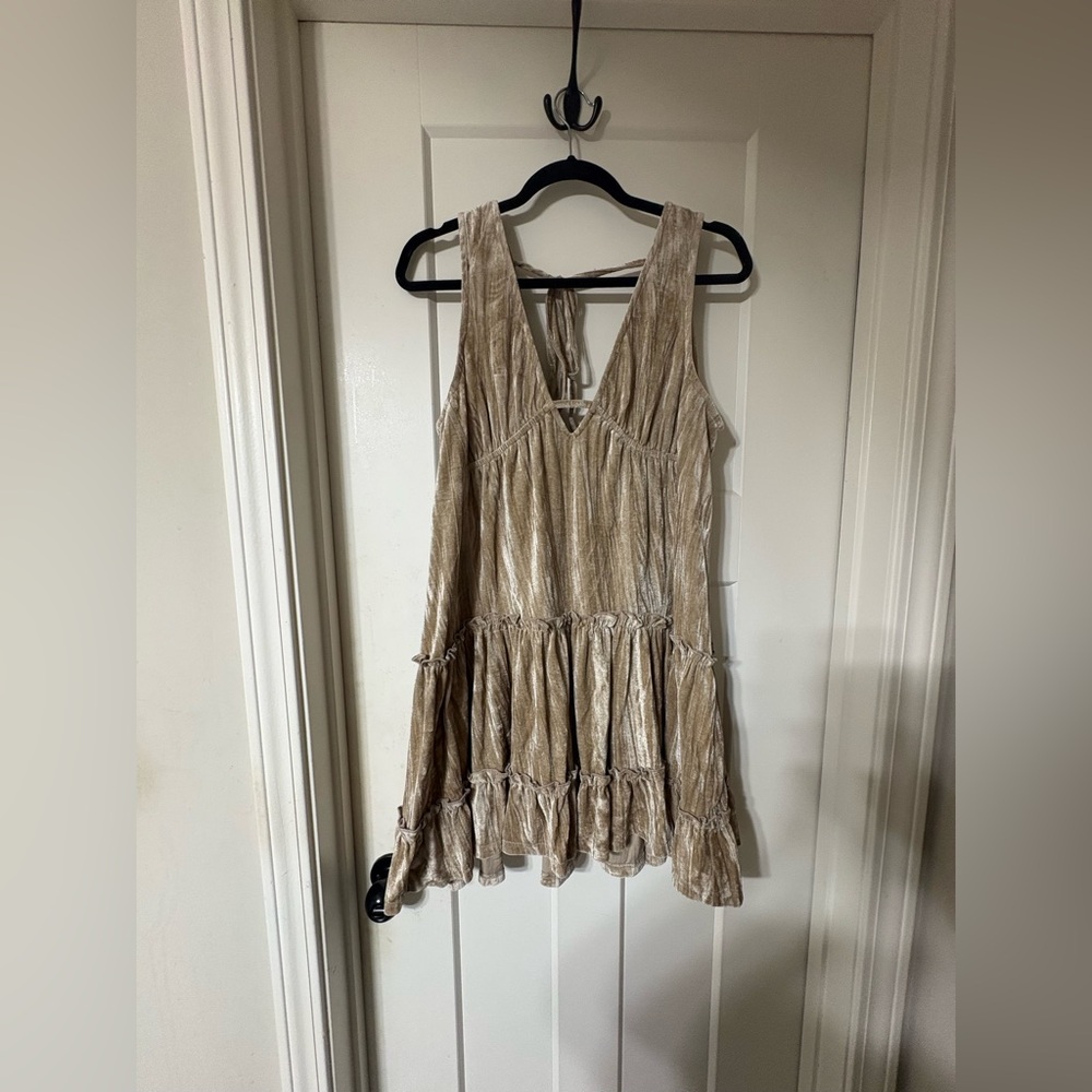 Altar’d State Sleeveless Metallic Gold Tiered Velvet Mini Dress